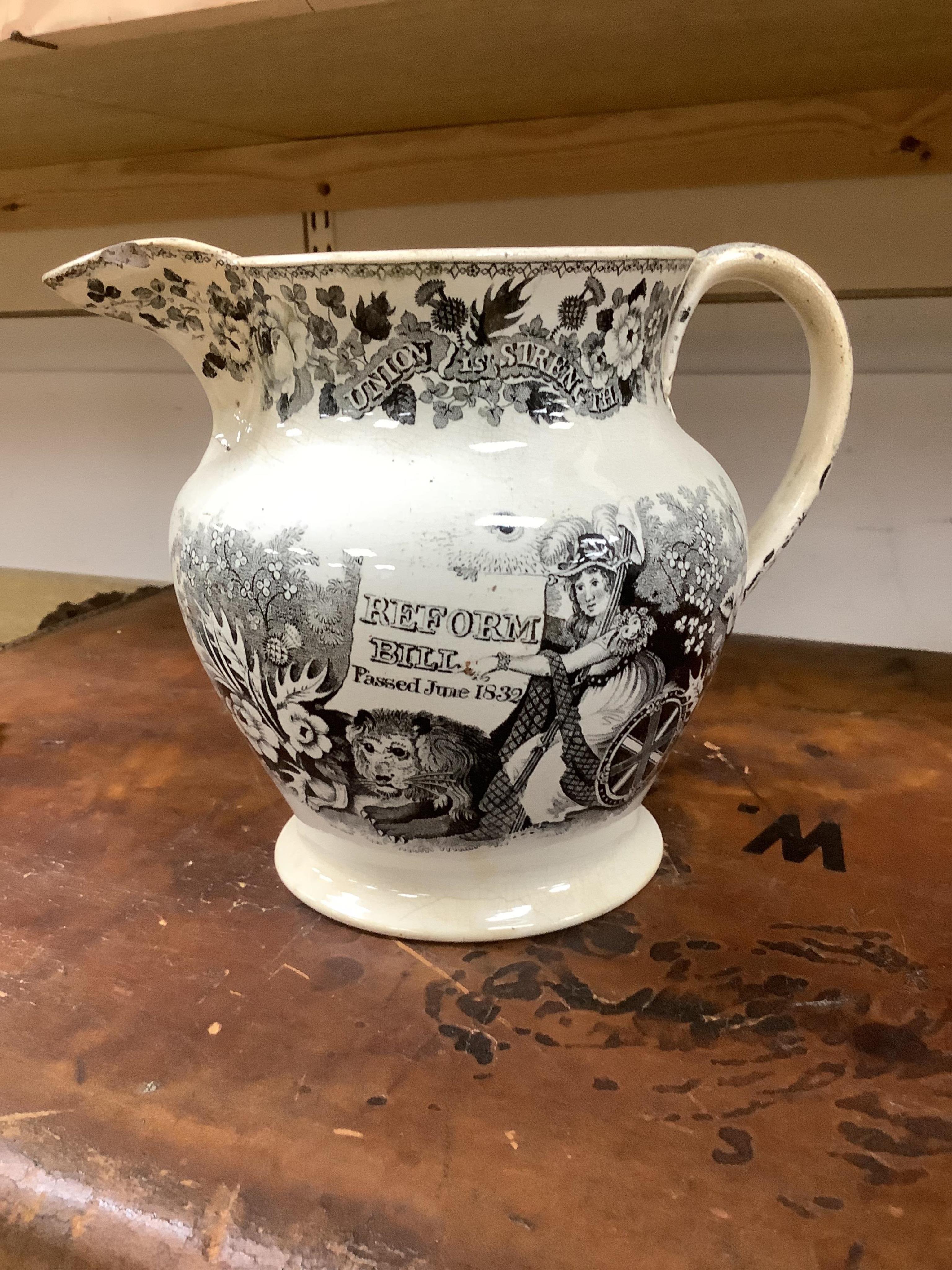 Six contemporary political themed earthenware pottery jugs and a pedestal bowl commemorating the 1832 Reform Bill, with transfer printed symbolic scenes of the Houses of Parliament, details regarding the voting, portrait